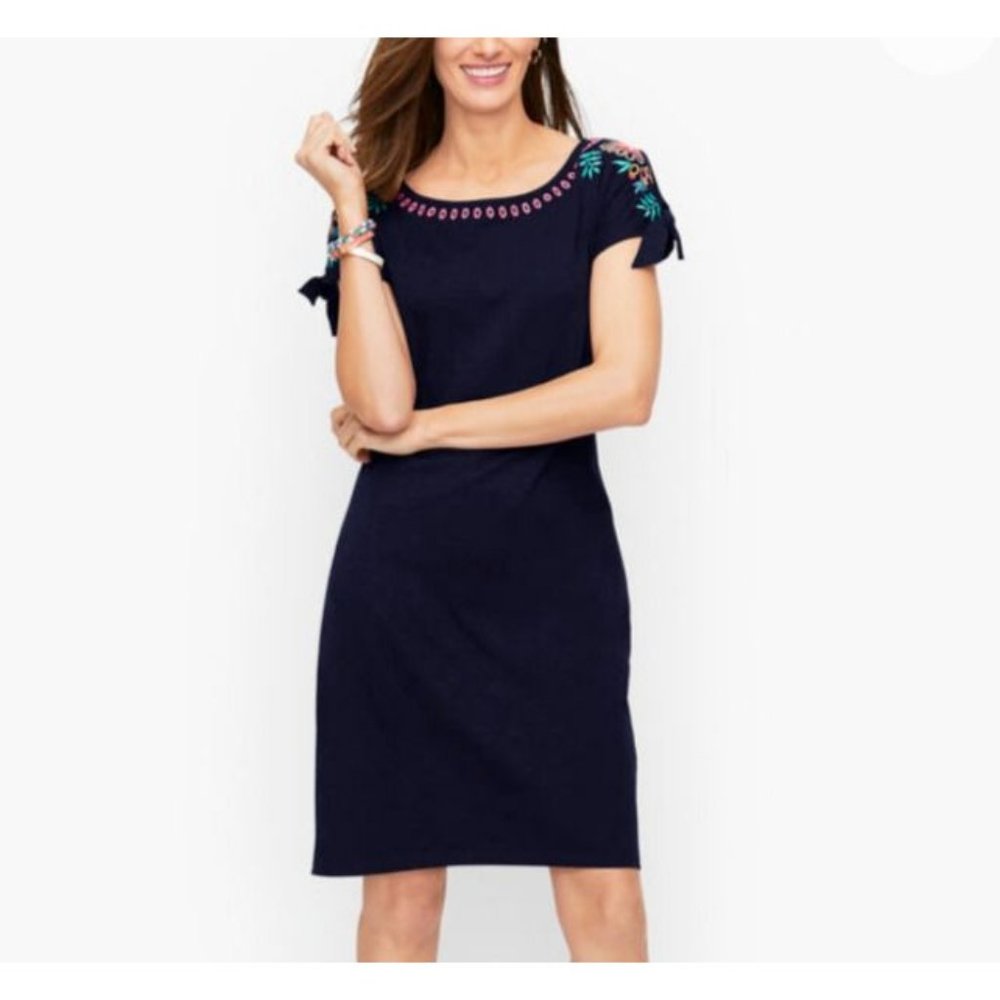 Talbots Dress 3X Blue Embroidered Short Tie Sleeve Cotton Washable